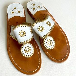 Jack Rogers, white leather sandals, with gold trim, eight medium women’s